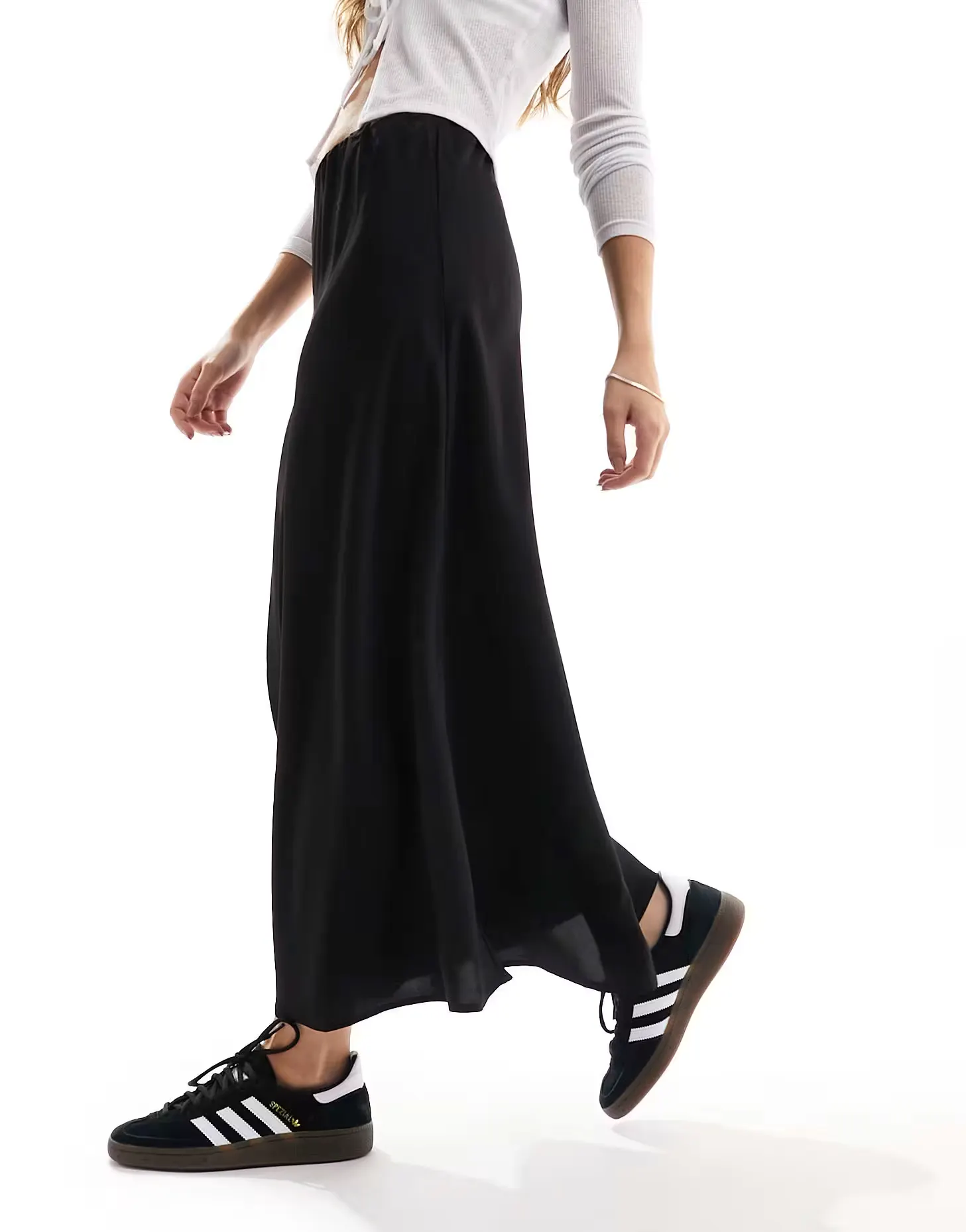 ASOS Pieces Matte Satin Midi Skirt In Black, £28