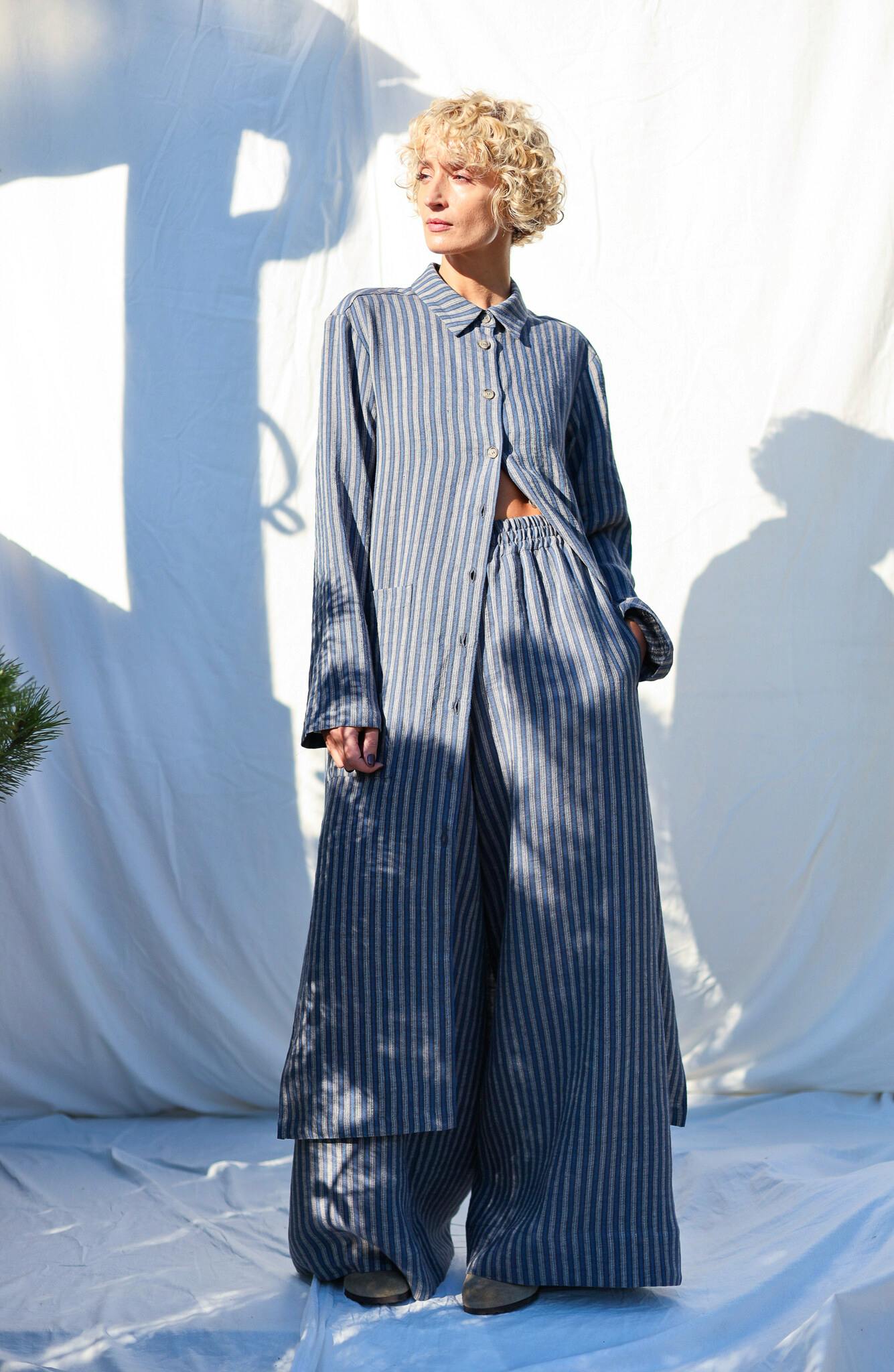 Oversized Long Sleeves Jacquard Striped Linen Shirt Dress €134