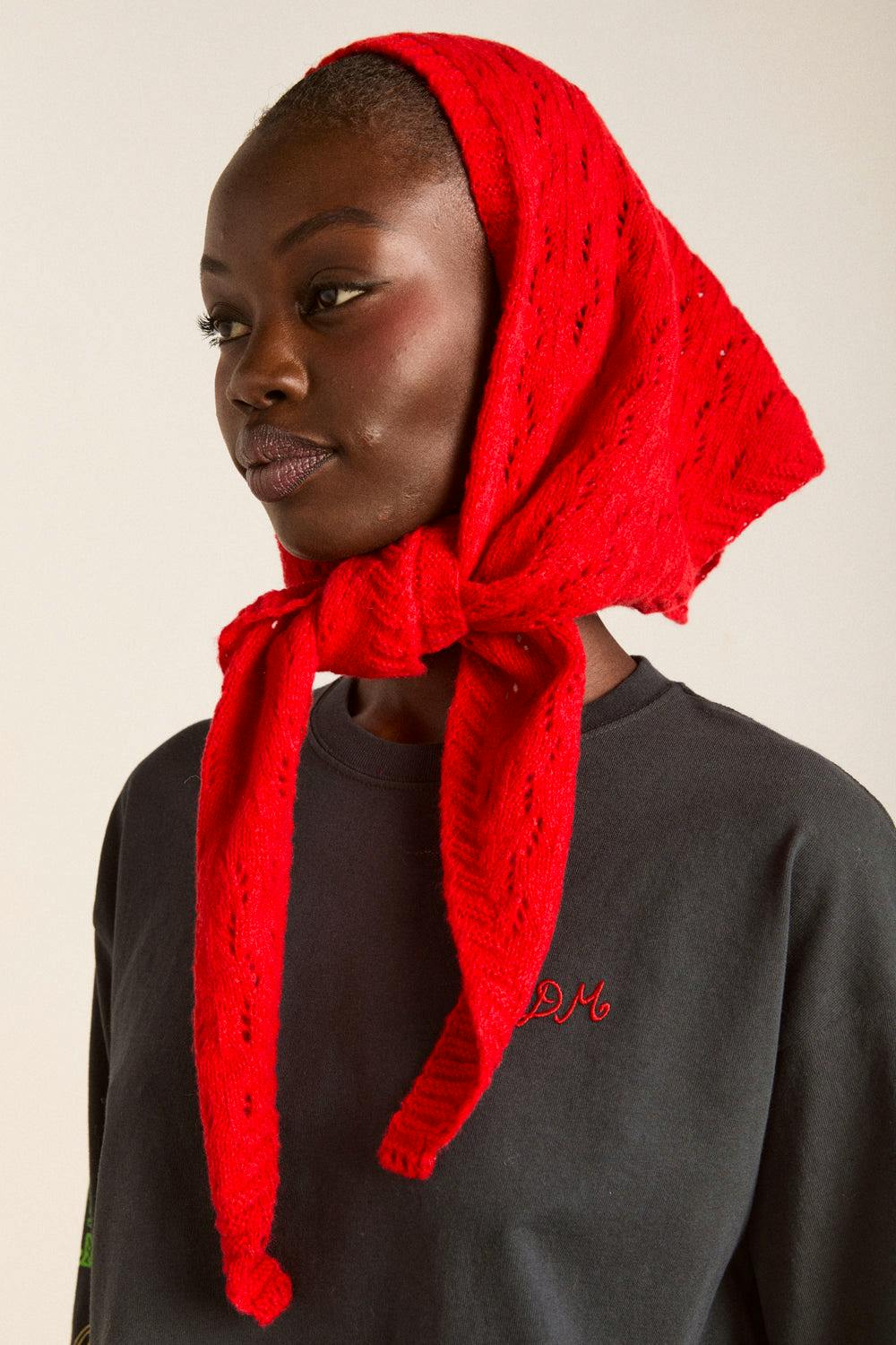 Knitted Pointelle Triangle Scarf – Red £32