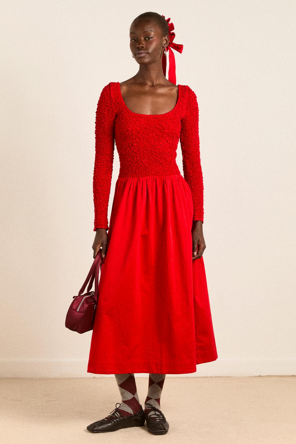 Malinda Ls Smocked Midi Dress - Red £125