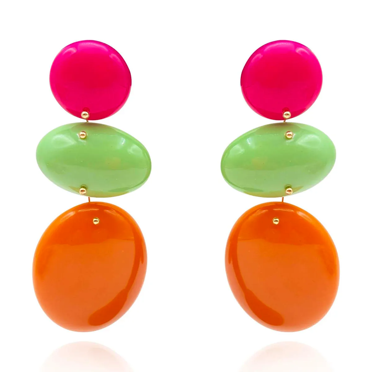 Wolf & Badger Triple Drop Resin Pink And Green And Orange Drop Earrings, £54