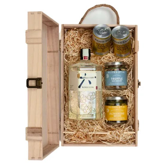 Tipple Hamper Co Roku Japanese Craft Gin & Luxury Nibbles Wooden Gift Box Set, £66.45
