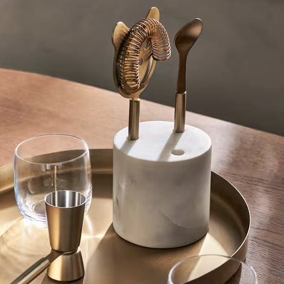 John Lewis Stainless Steel Cocktail Tool Set & Marble Stand, Gold/White, £40