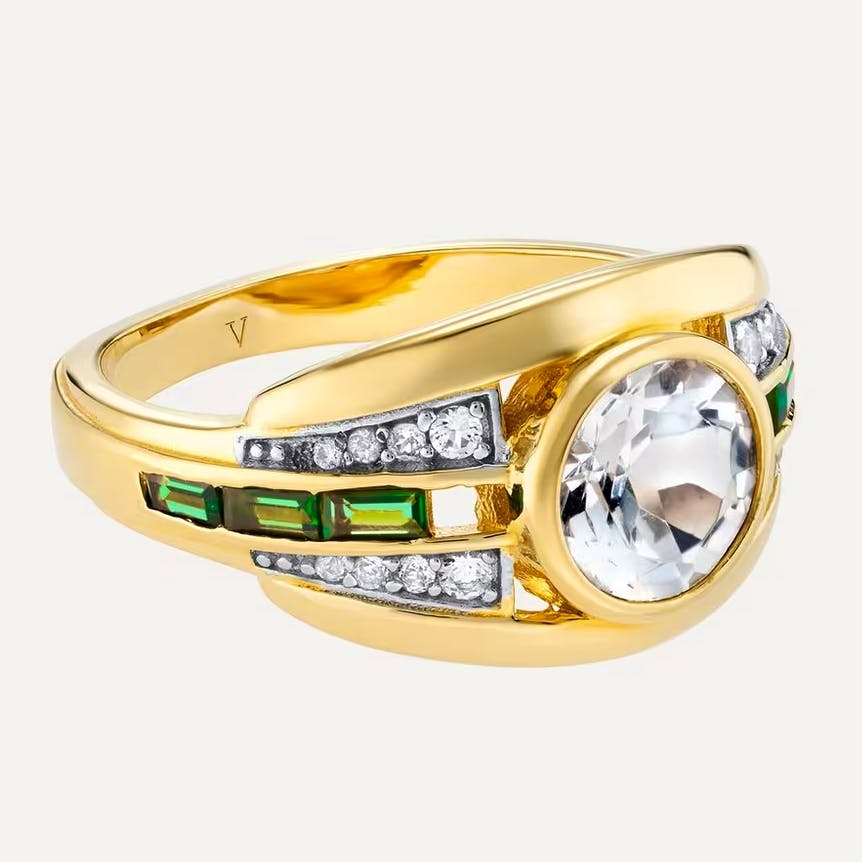 Laura Vann 18ct Gold Plated Vermeil White Topaz And Green Stone Ring, £195