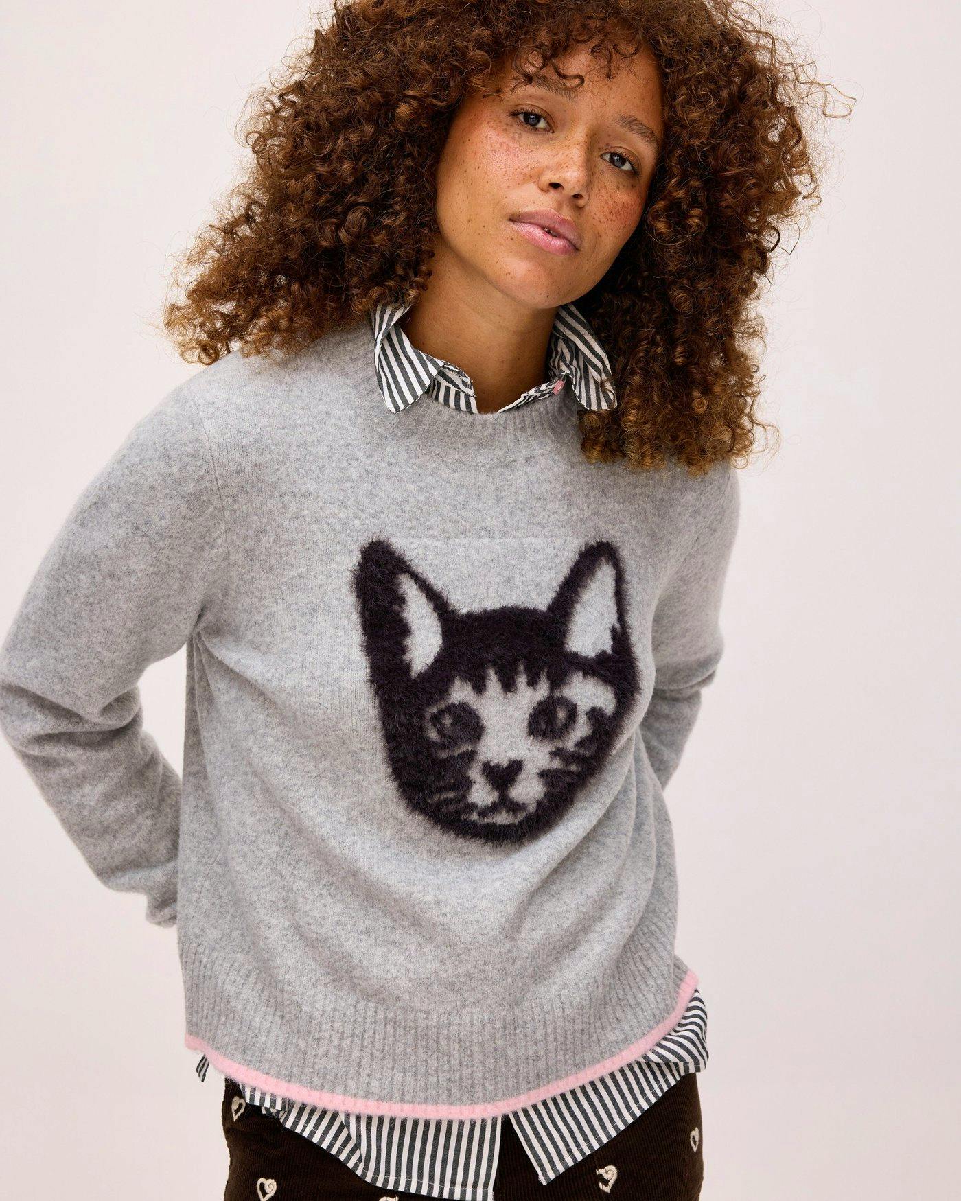 Oliver Bonas Grey and Black Fluffy Cat Knitted Jumper, £70