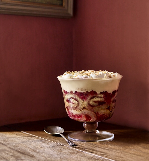 SHERRY TRIFLE WITH RASPBERRIES VANILLA CUSTARD AND TOASTED ALMONDS