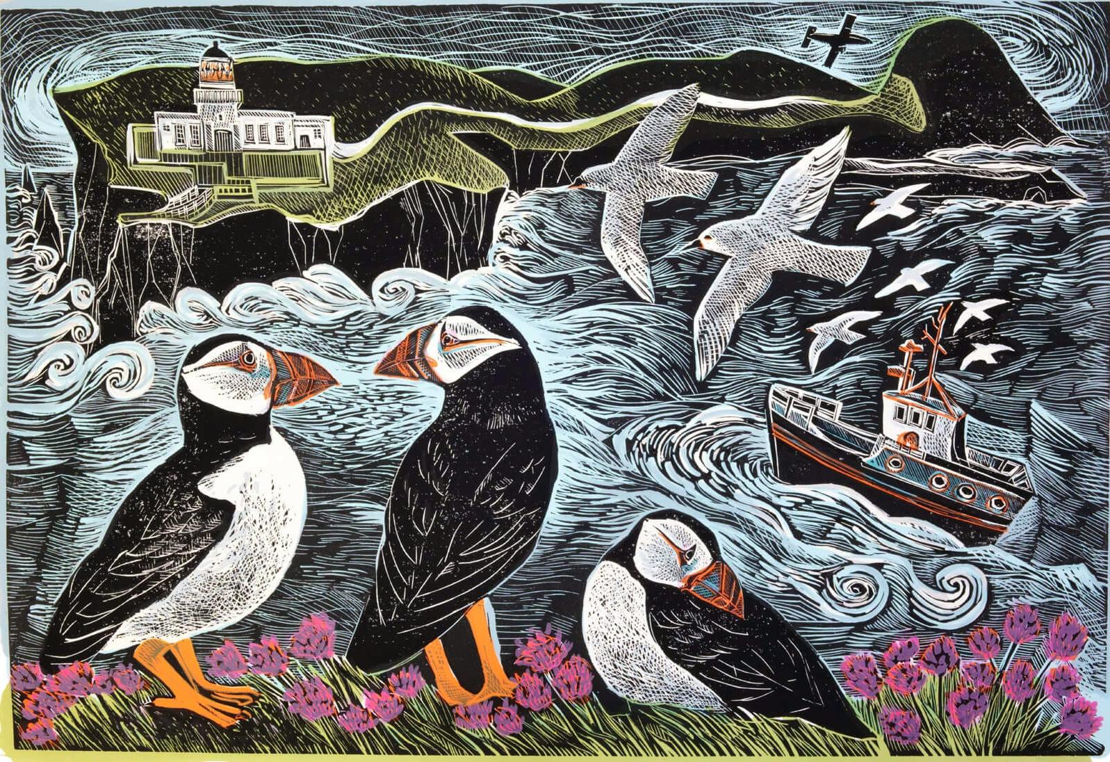 Angela Hardning - Fair Isle Puffins At The North Lighthouse