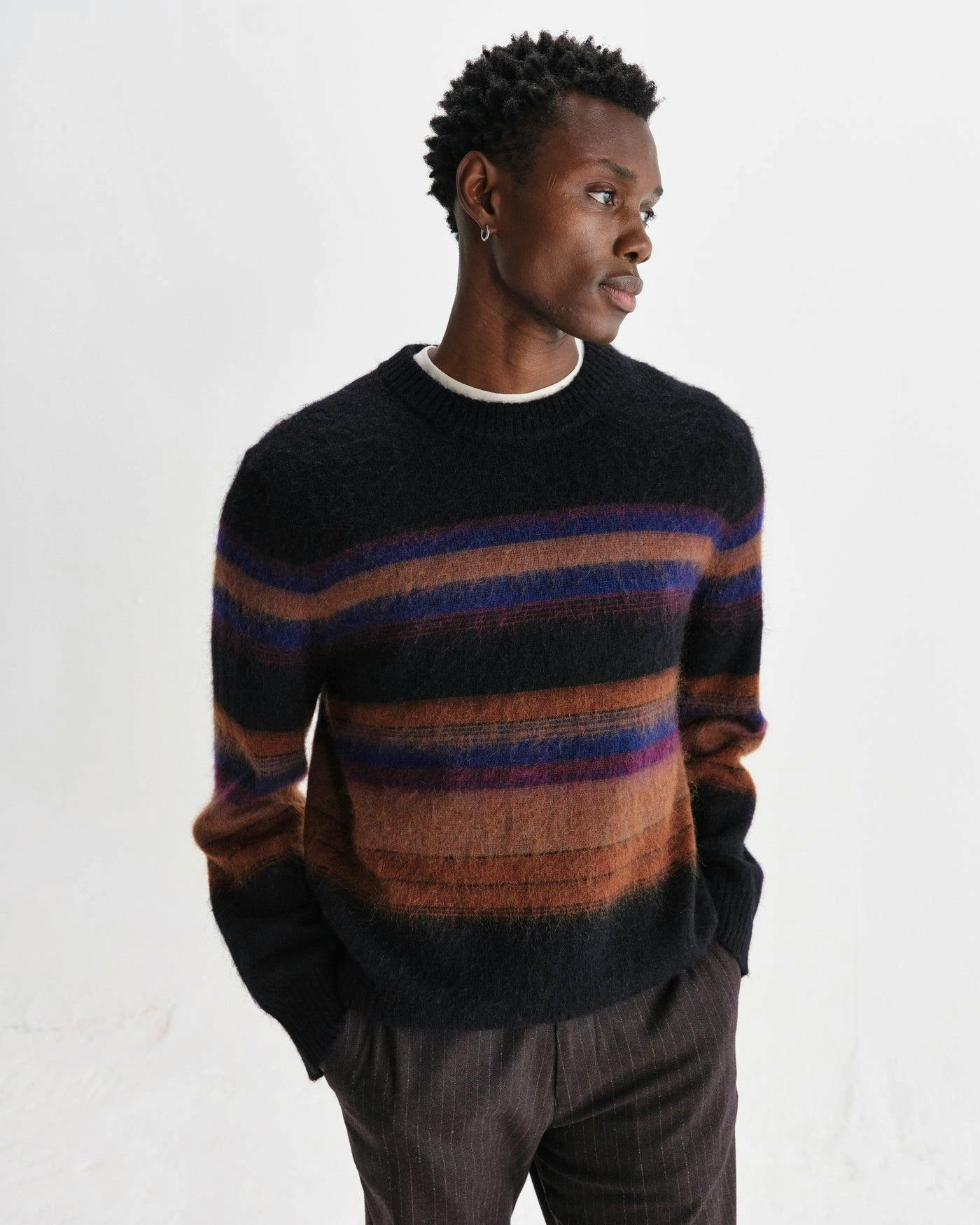Wilde - Black And Dark Multicolour Brush Stripe Wool Crewneck £180