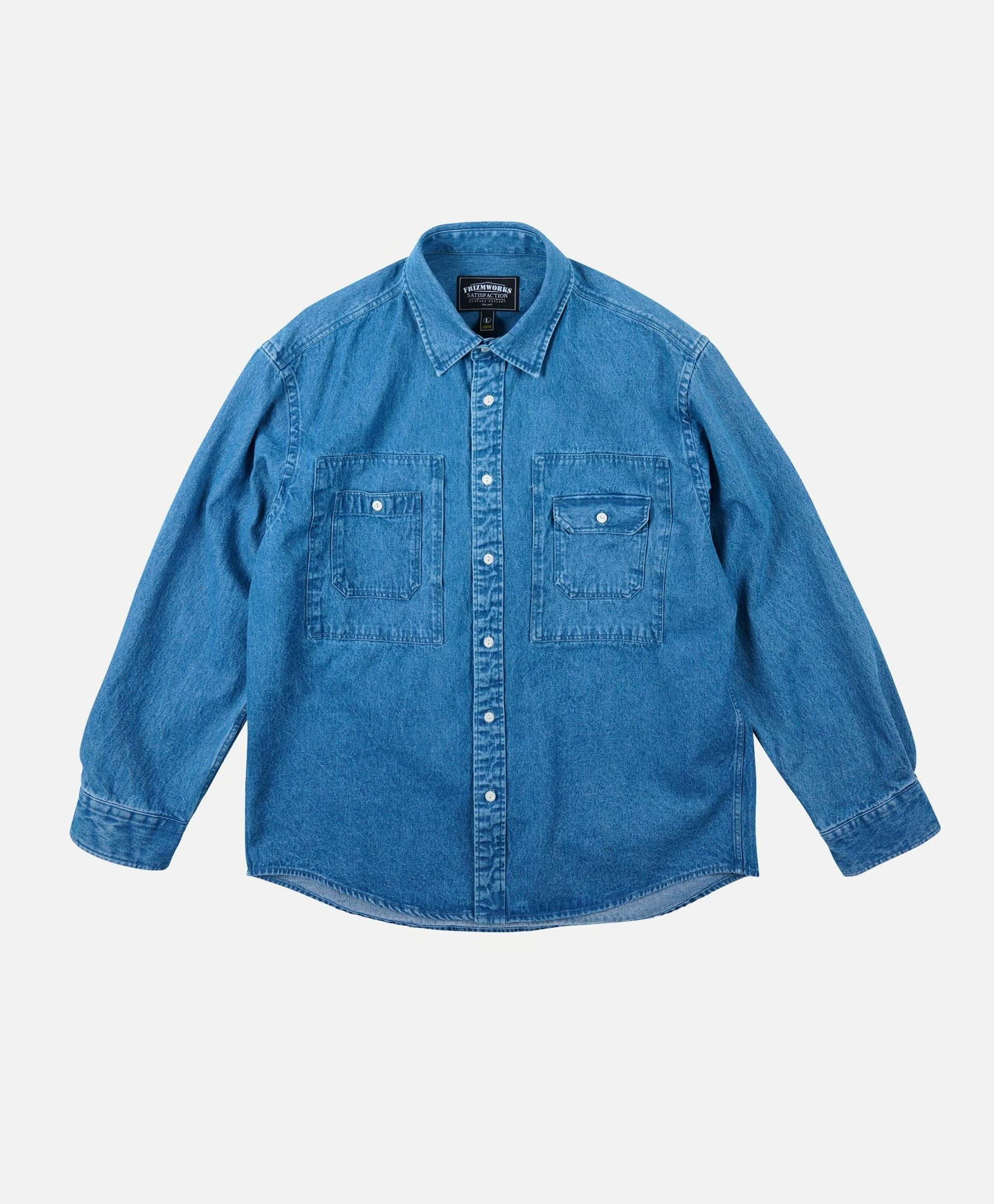 Bleached Denim Utility Shirt - Mid Blue £150