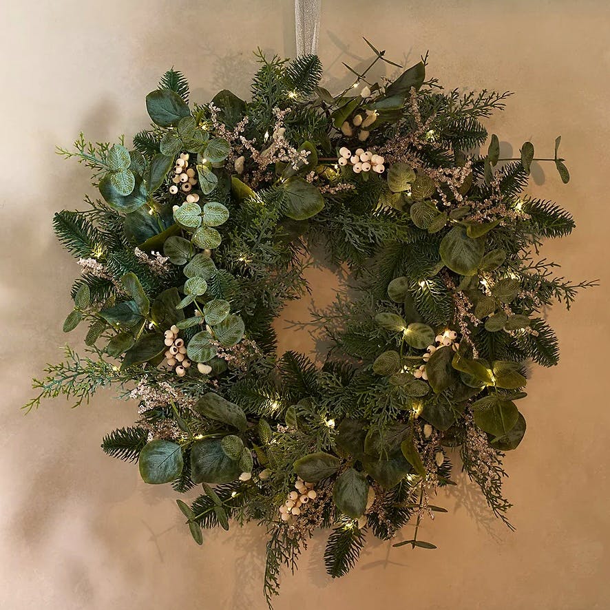 The White Company 65cm Pre-Lit Frosted Eucalyptus Wreath, £150
