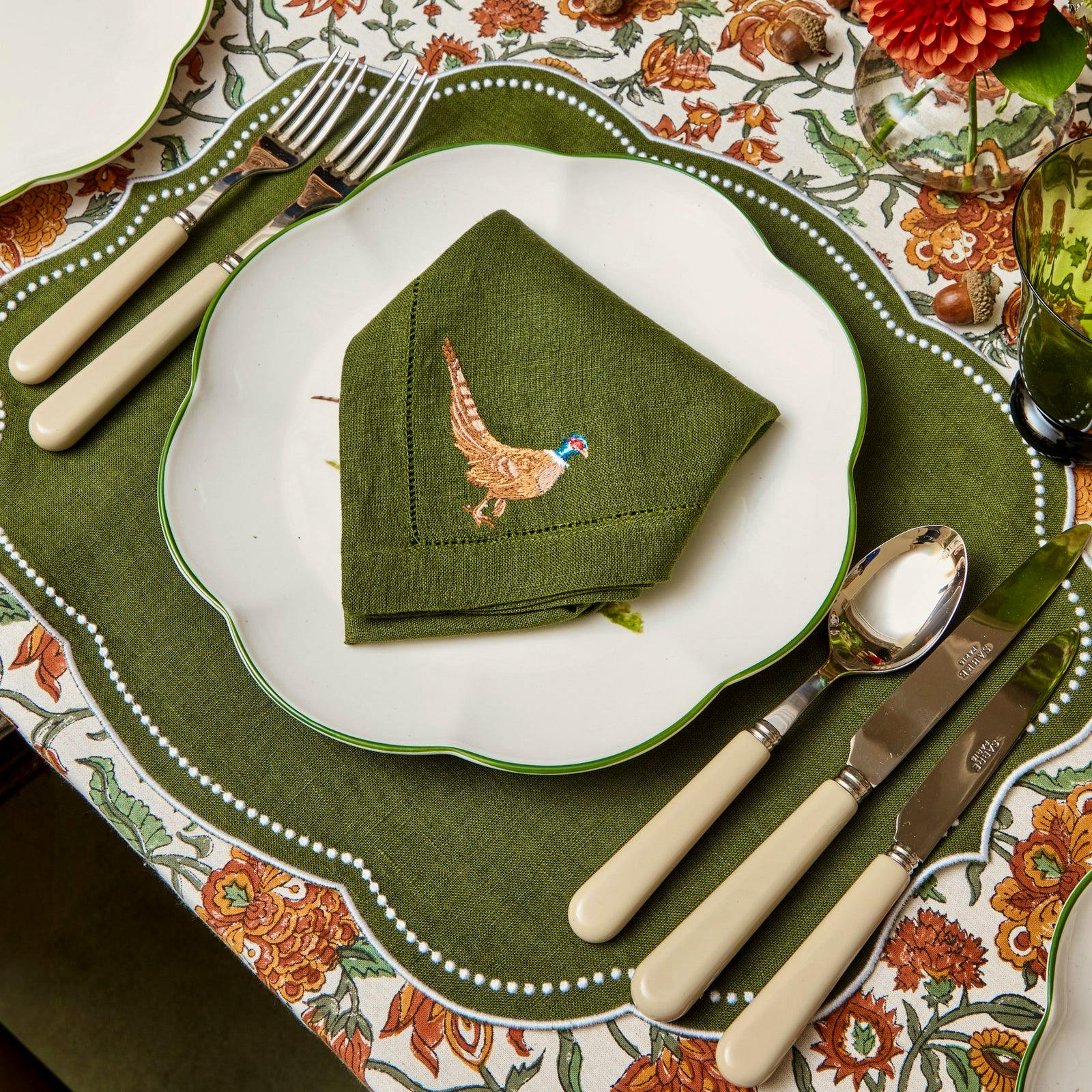 Mrs Alice Pheasant Forest Green Linen Napkins (Set of 4), £88