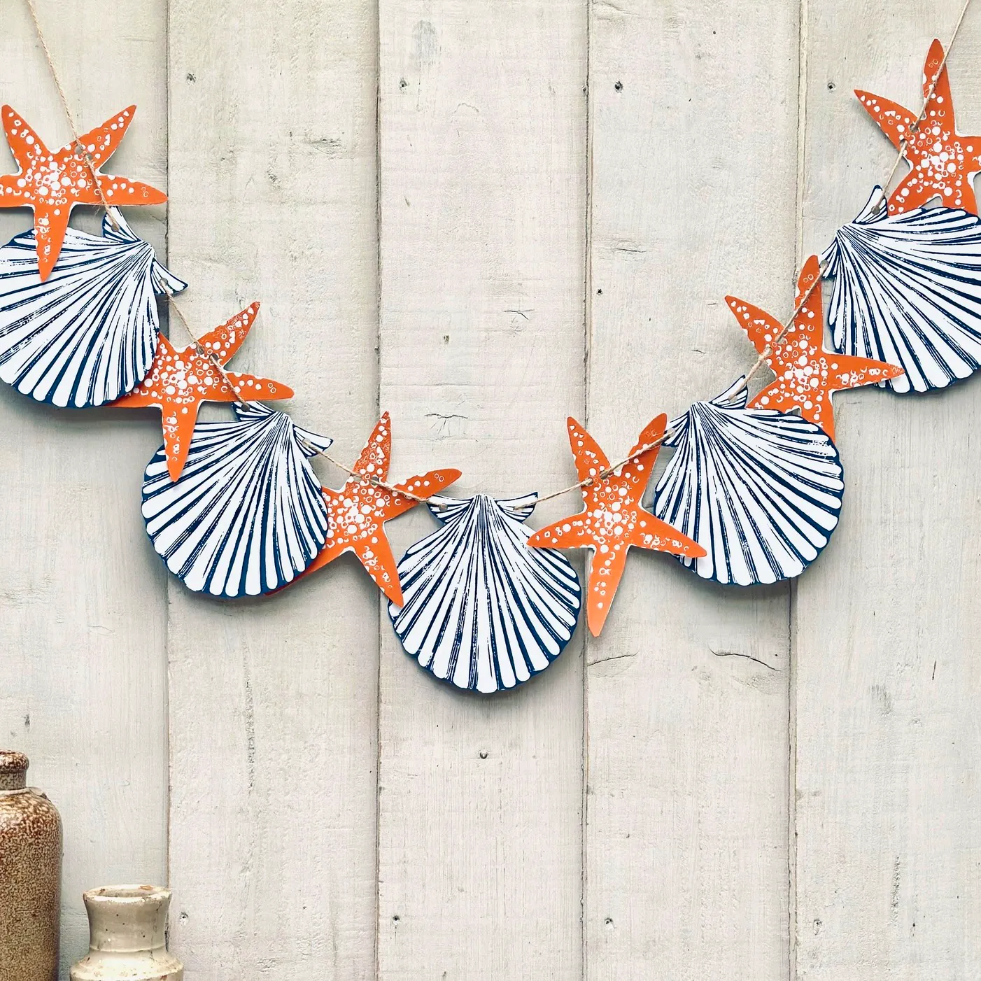 Holly & Co Shell & Starfish Hand Printed Nautical Linocut Garland, £23.50