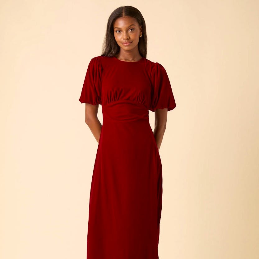 Nobody’s Child Red Velvet Puff Sleeve Midi Dress