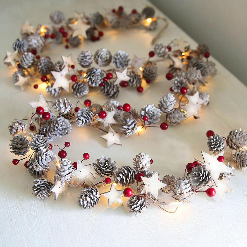 Not On The High Street Stars And Red Berries Pinecone LED Garland, From £22.95