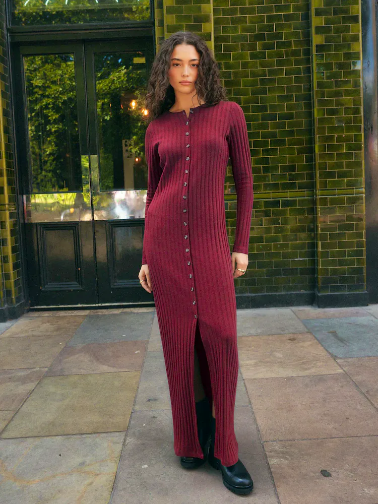 Next Ribbed Long Sleeve Button Down Midi Dress, £39