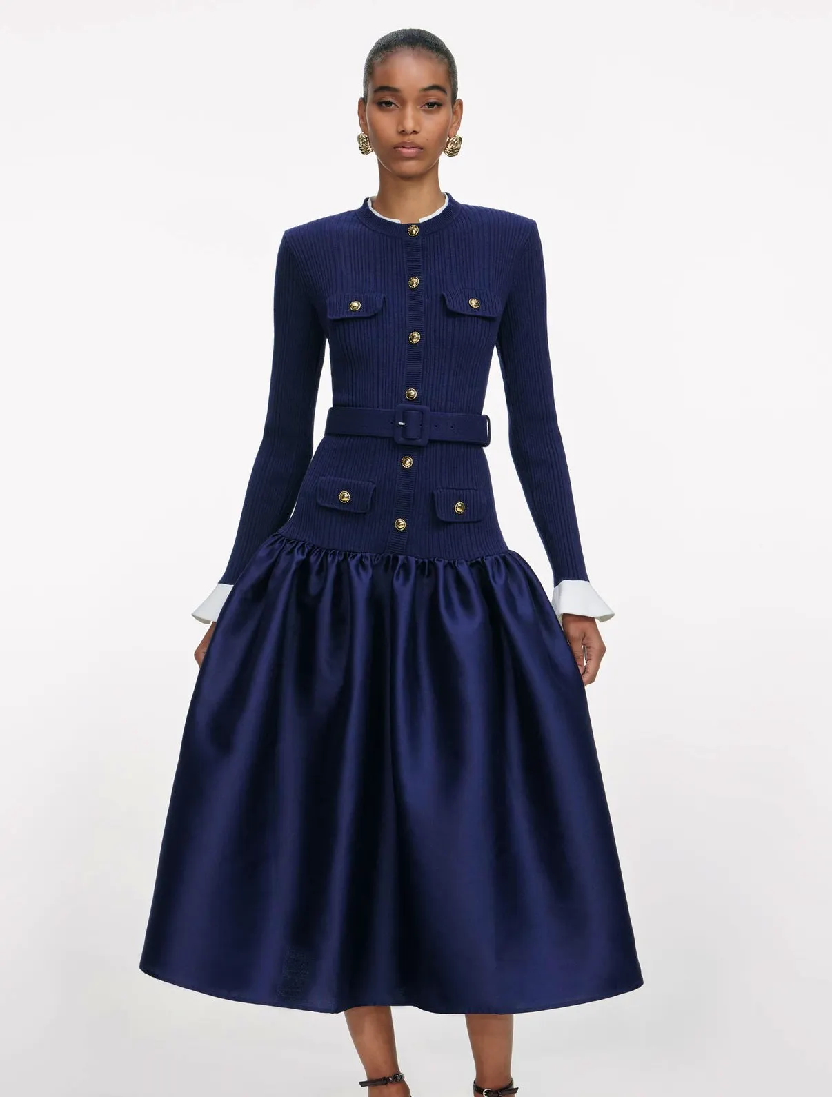 Self Portrait Navy Knit Taffeta Midi Dress, £400