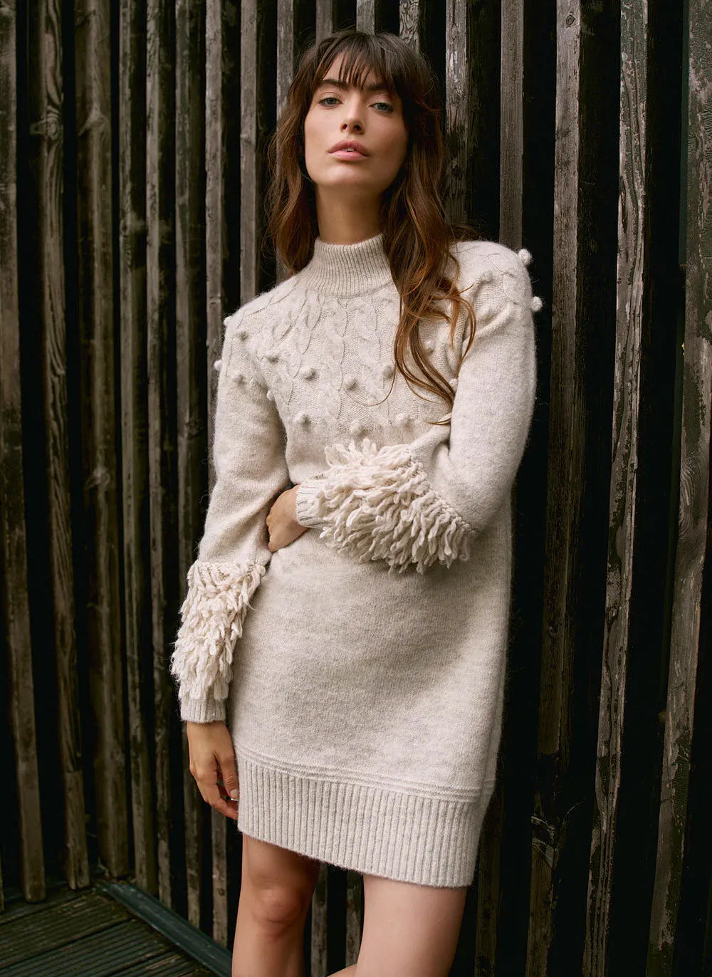 Mint Velvet Neutral Textured Wool Blend Knit Mini Dress, £140