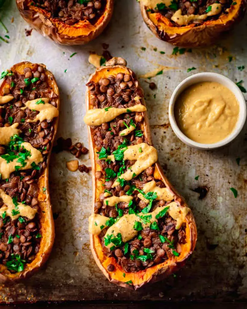 Creamy Lentil Stuffed Butternut Squash