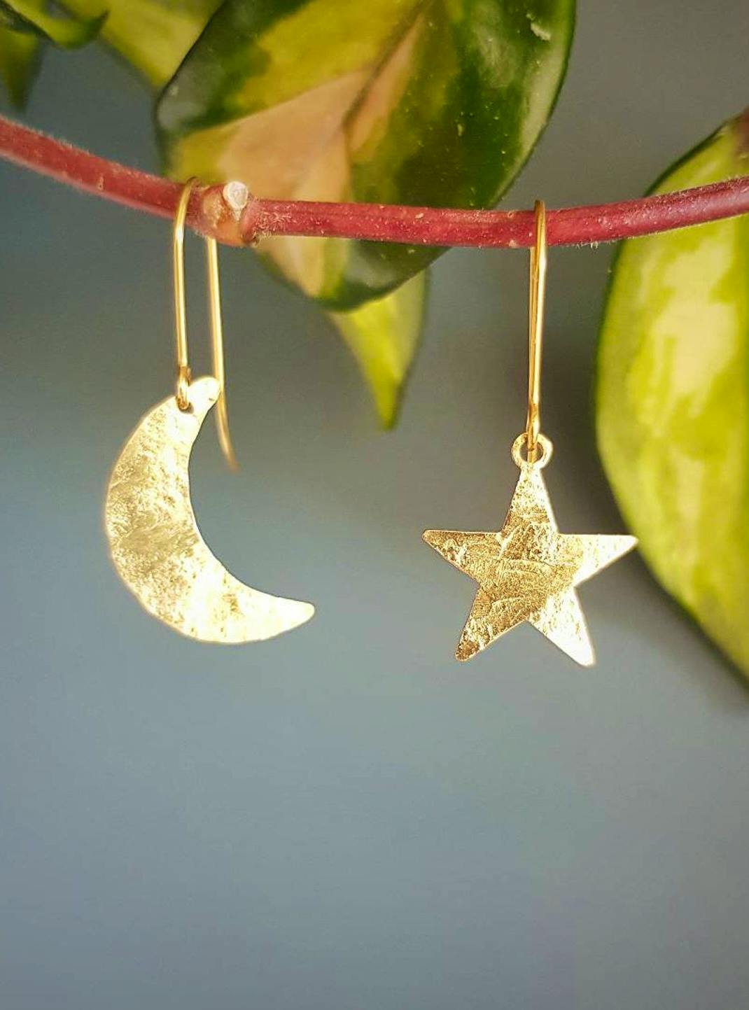 Etsy Gold Moon and Star Brass Mismatched Earrings