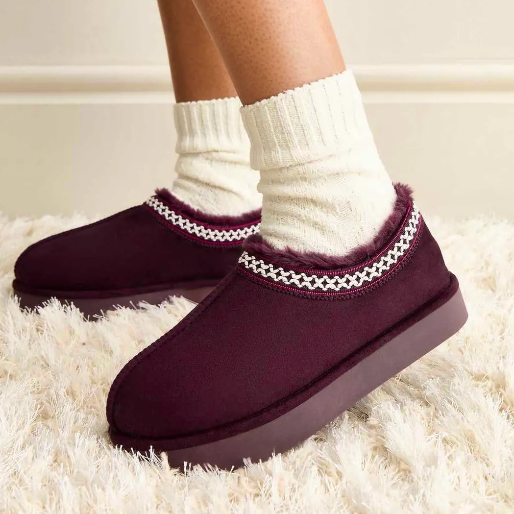 New Look Dark Burgundy Faux Suede Cross Stitched Faux Fur Lined Slipper Boots, £19.99