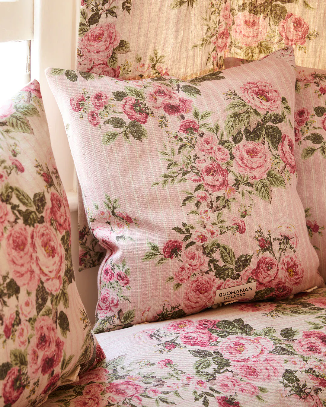 Buchanon Studio Cushion In Reverse Ticking Rose, £220
