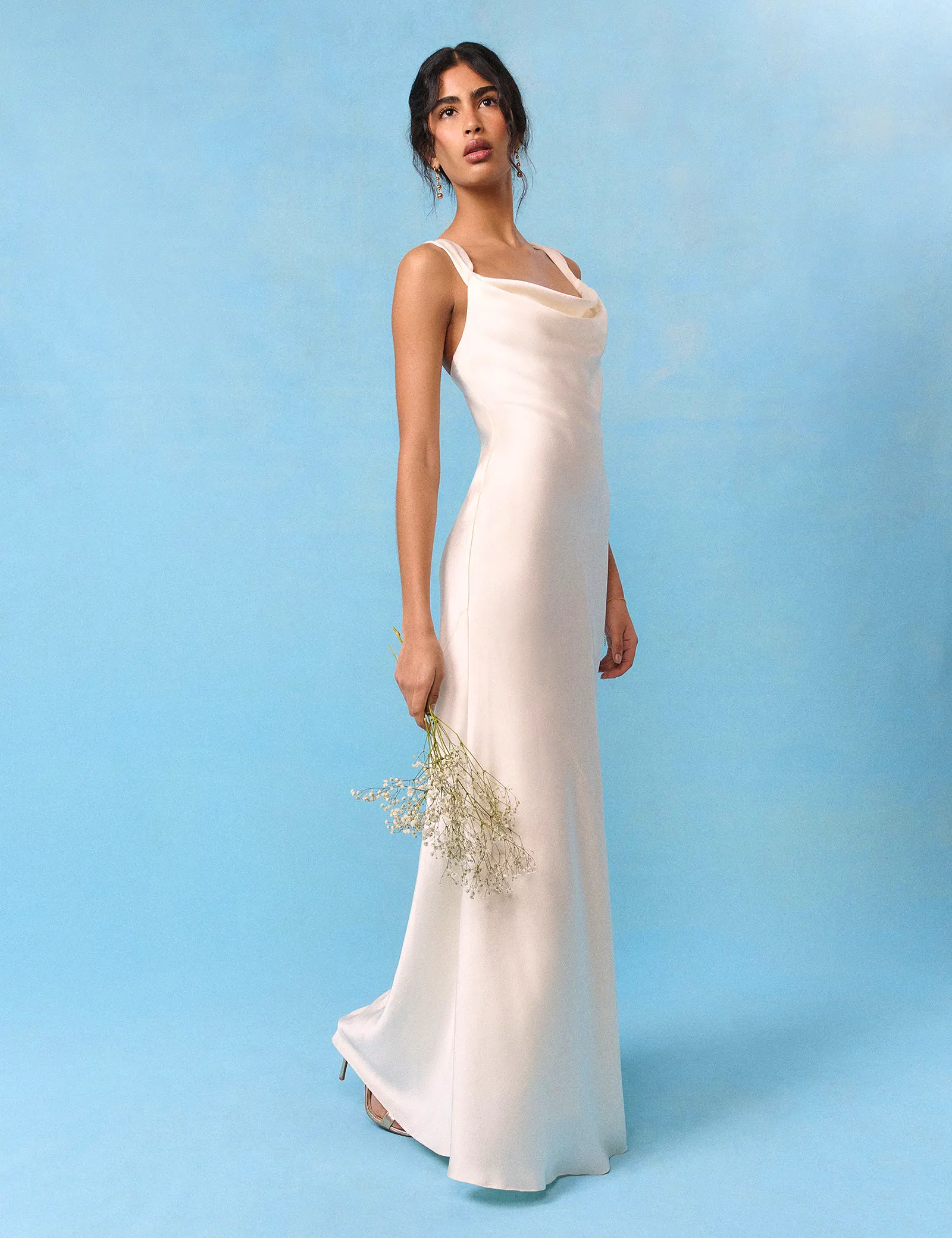 Bridal Pearl Satin Draped Slip Lavender Maxi Dress