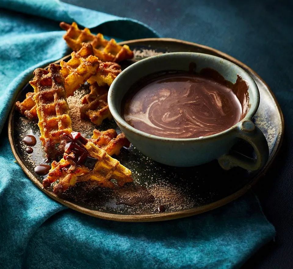 Chai Hot Chocolate With Spiced Waffle Dippers