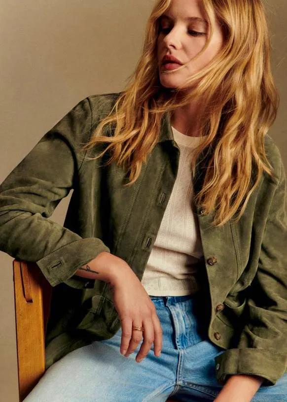 Sezane Will Jacket, Suede Olive Green, £240