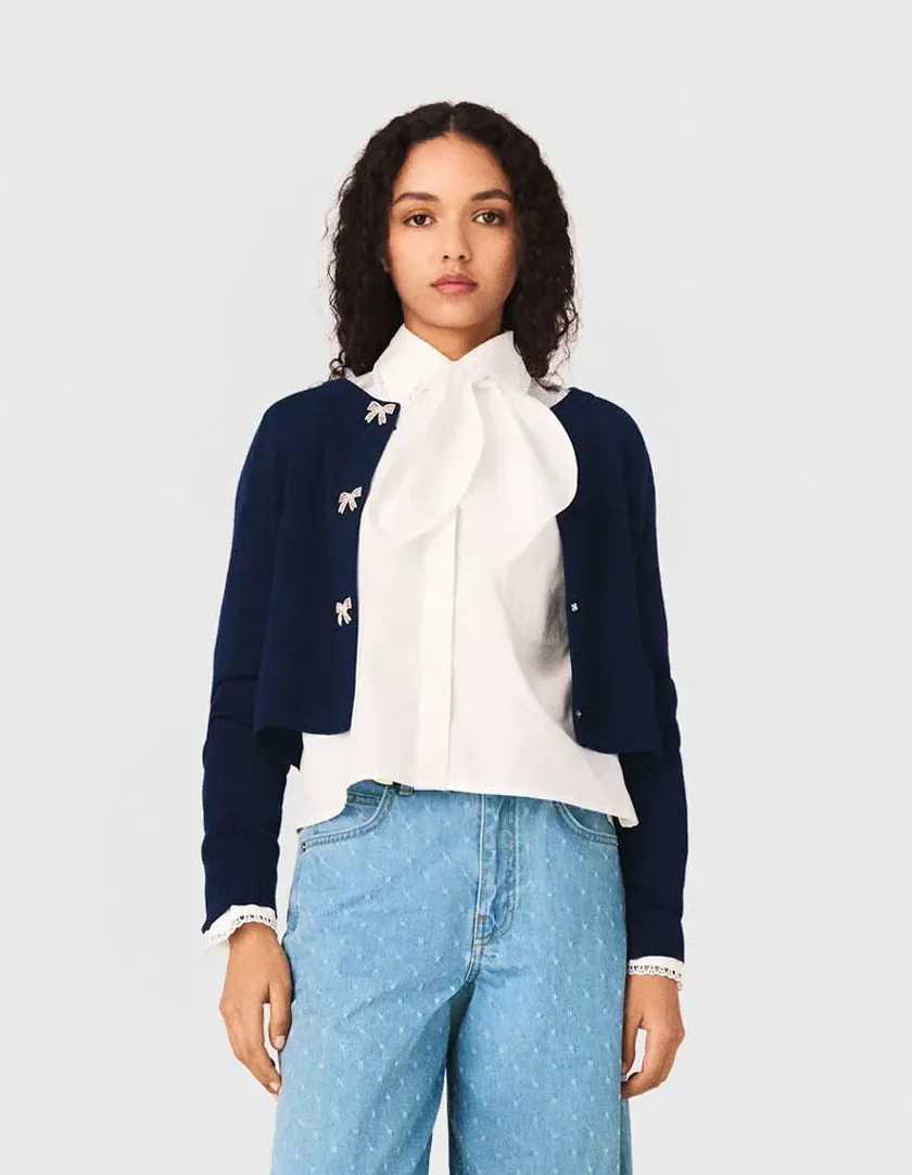 Maje Jewelled Bow-Button Cardigan, £259