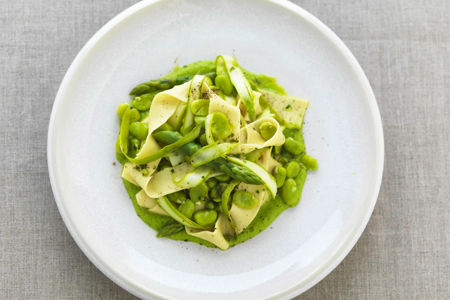Pappardelle With Shaved Asparagus, Broad Beans, Marjoram And Pea Puree