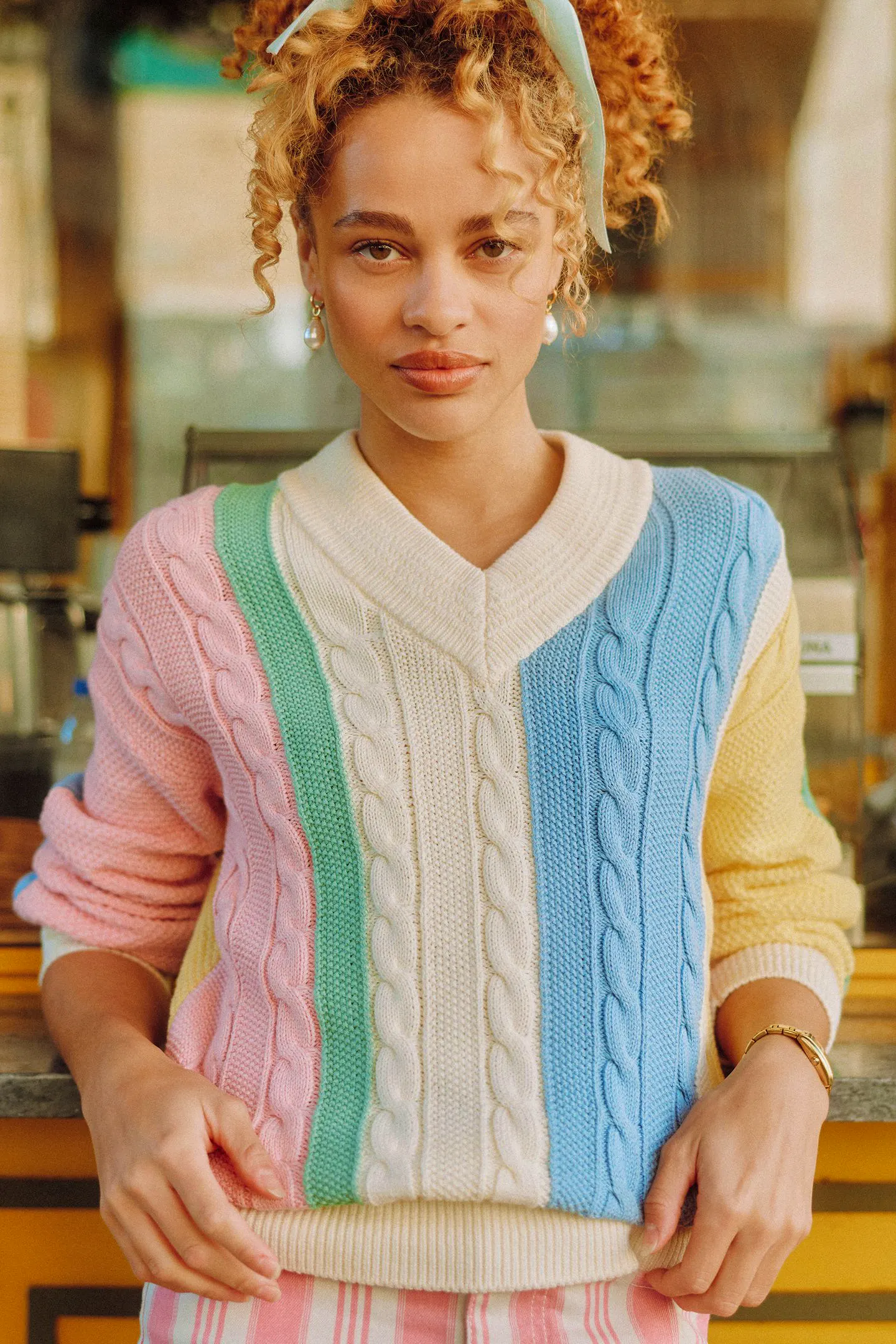 Joules Multi Stripe Cable Knit Cricket Cotton Jumper, £79