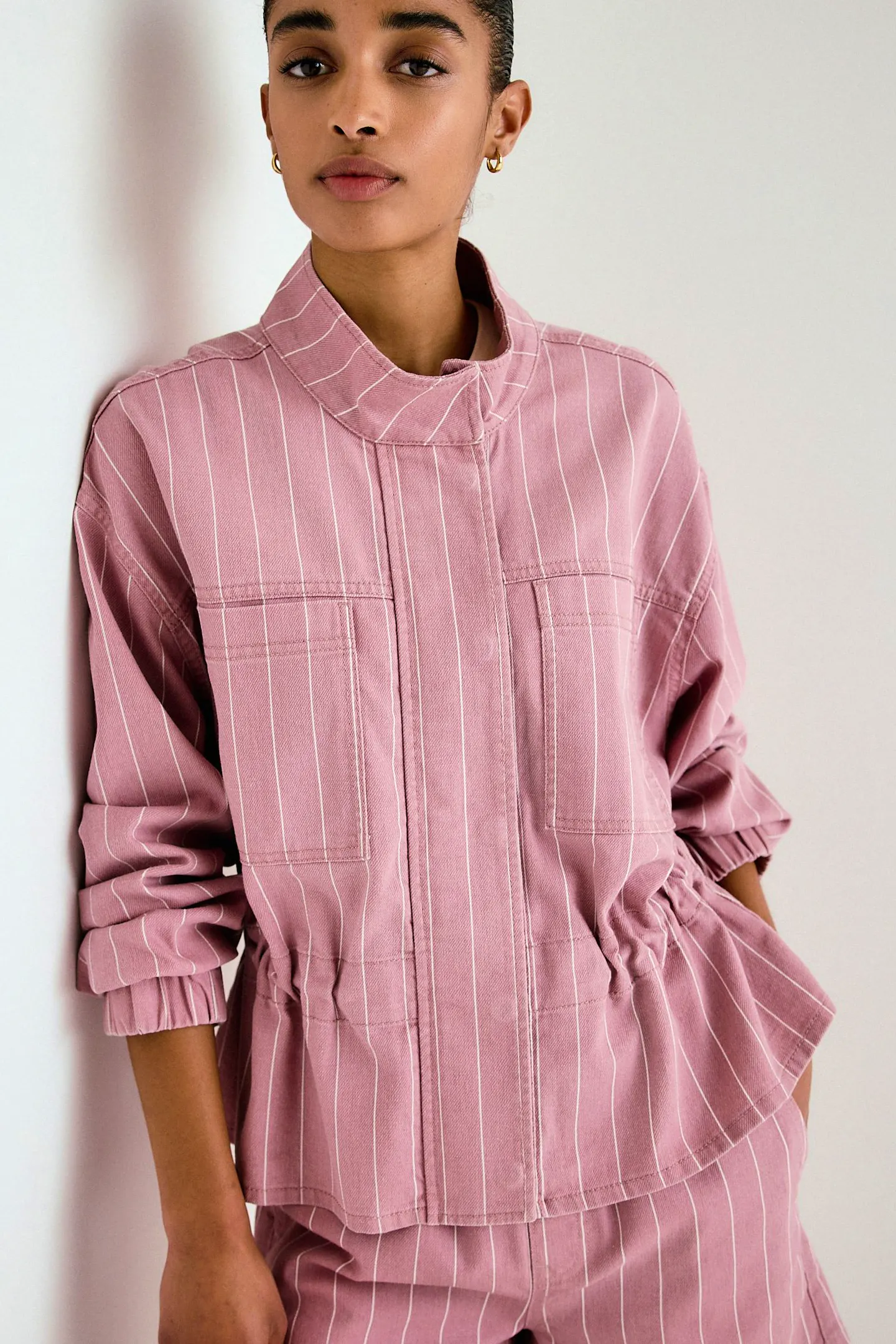 Next Pink Striped Denim Funnel Neck Zip Through Drawstring Jacket, £42