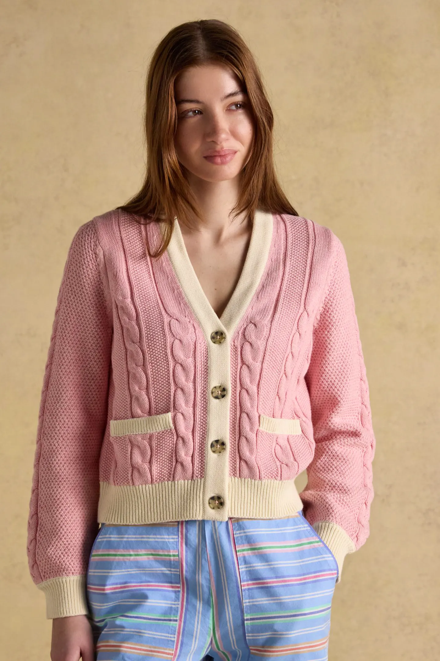 Joules Pink V-Neck Cotton Cable Knitted Cardigan, £65
