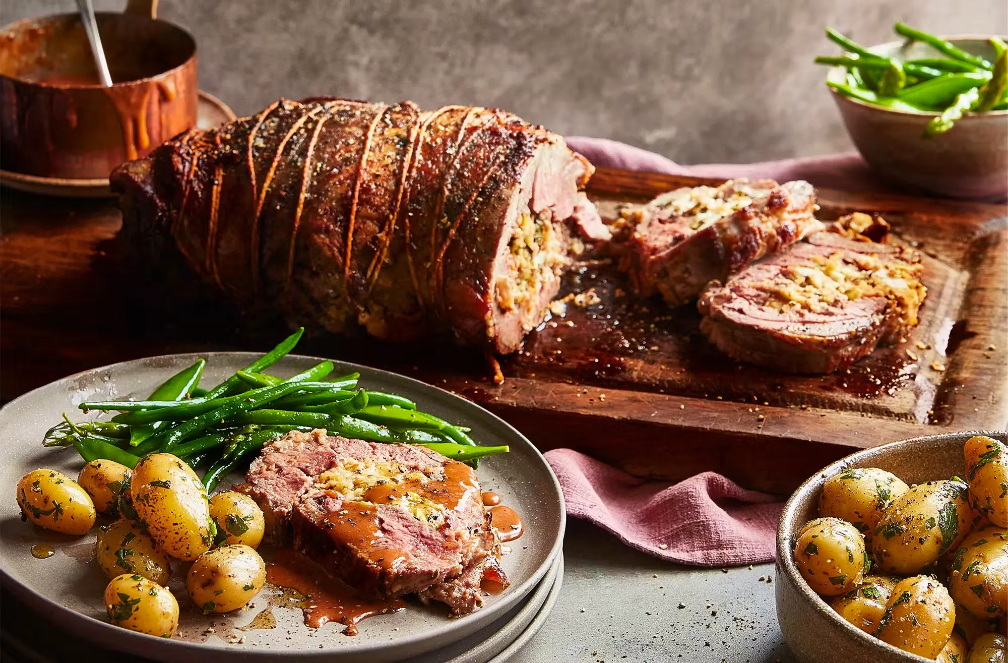 Roast Lamb With Pistachio, Feta & Lemon Stuffing