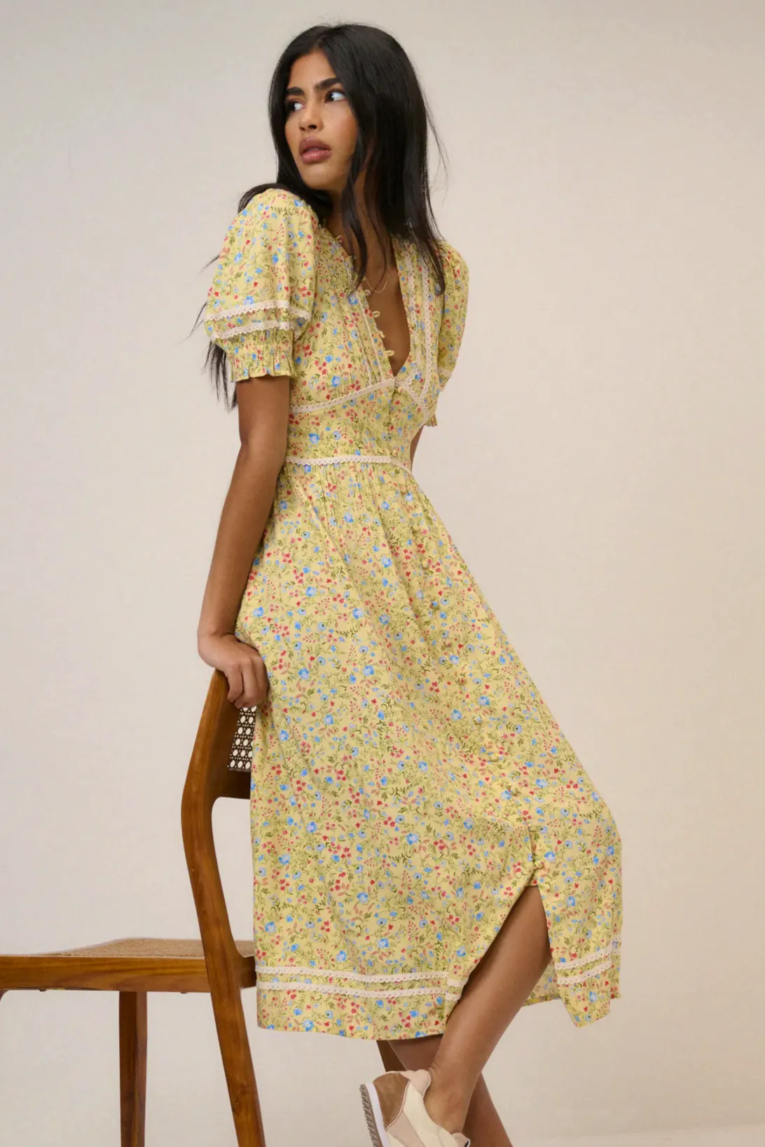 Nobody’s Child Yellow Ditsy Floral Saffy Midi Tea Dress, £89
