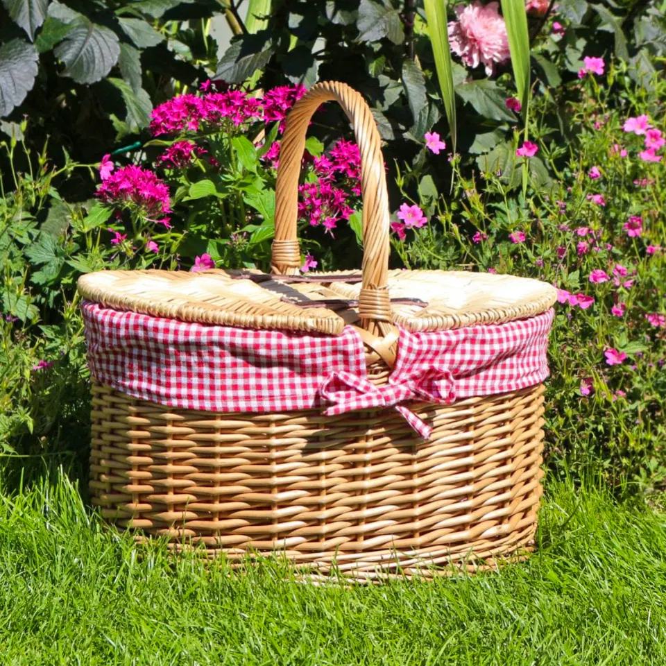 The Basket Company Oval Lidded Wicker Picnic Basket Red Check Lining, £50