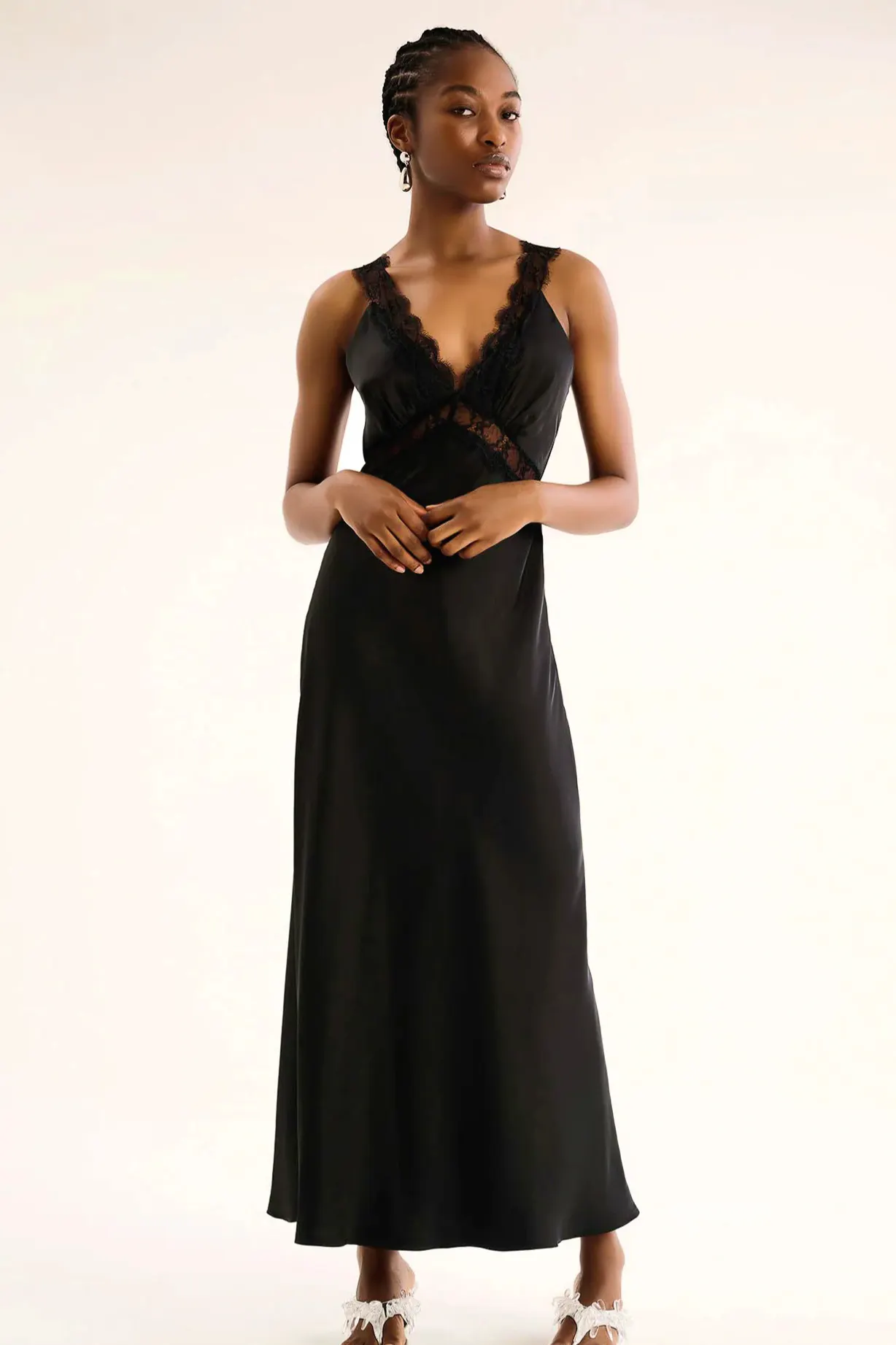 Omnes Aurelia Lace Trim Maxi Dress in Black, £99