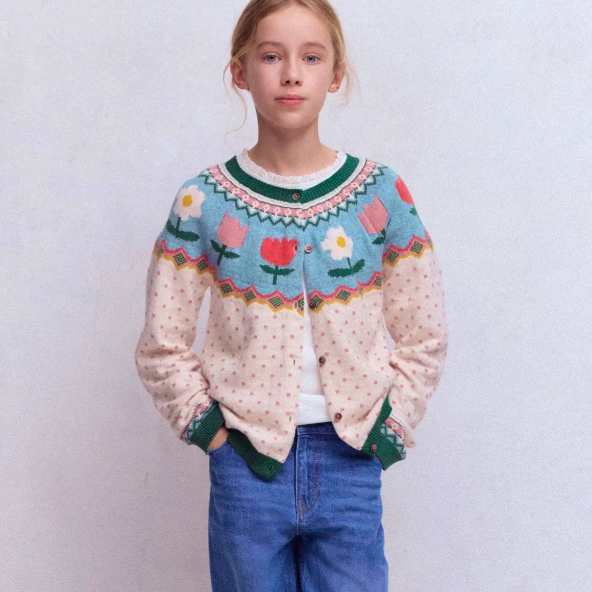 Boden Edie Fair Isle Cardigan Ecru Marl Spot Flowers, £37