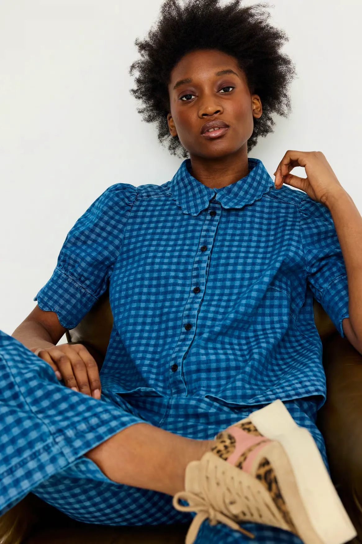 Oliver Bonas Blue Denim Gingham Short Sleeve Shirt, £65