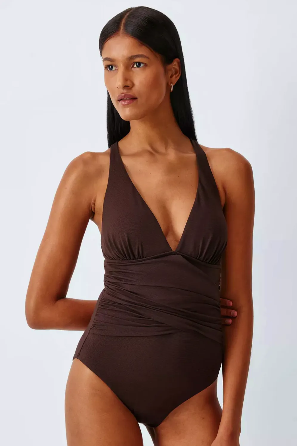 John Lewis Paris High Apex Wrap Swimsuit, Chocolate, £45