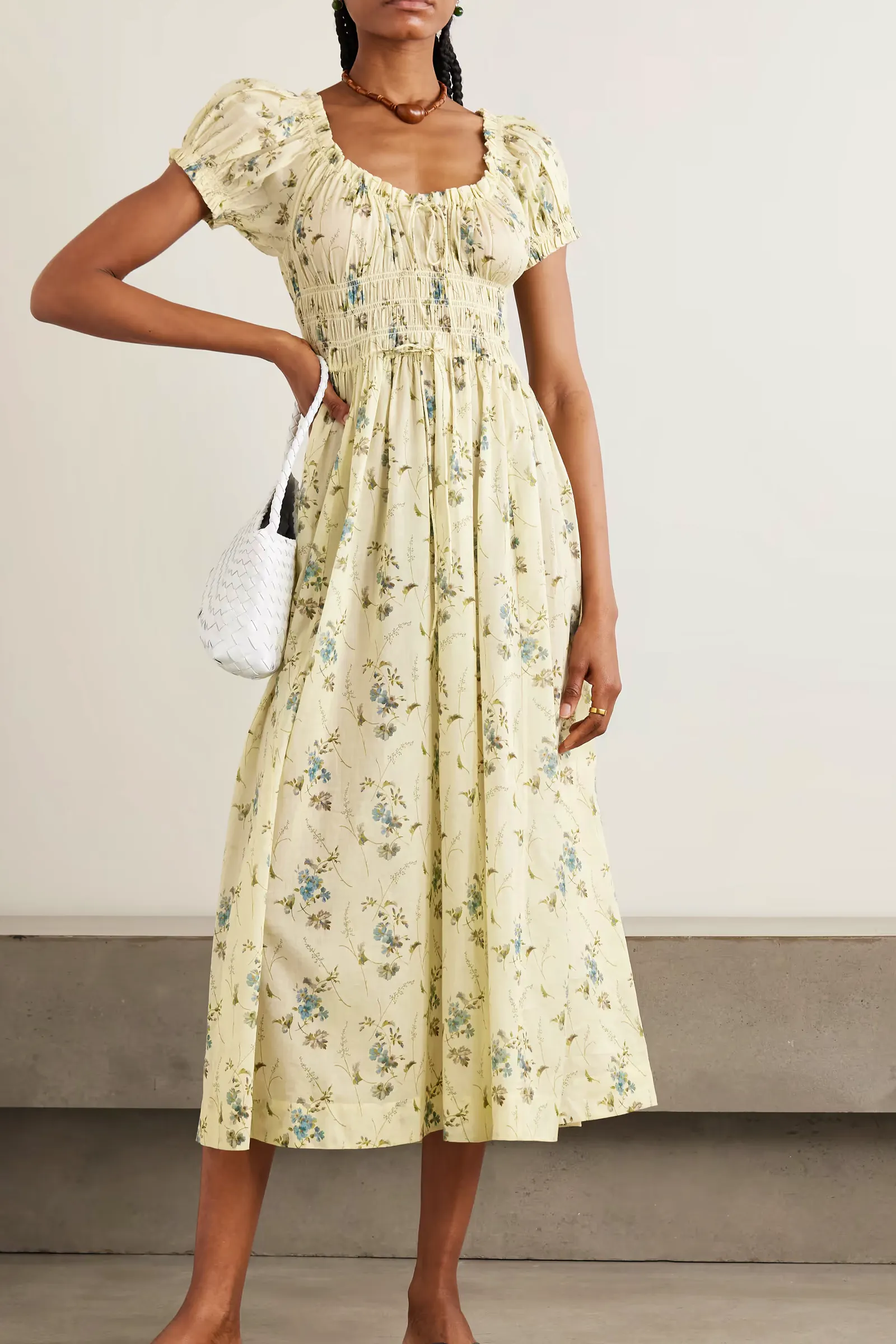 Doen Ashlynn Tie-Detailed Shirred Floral-Print Organic Cotton-Voile Midi Dress, £380