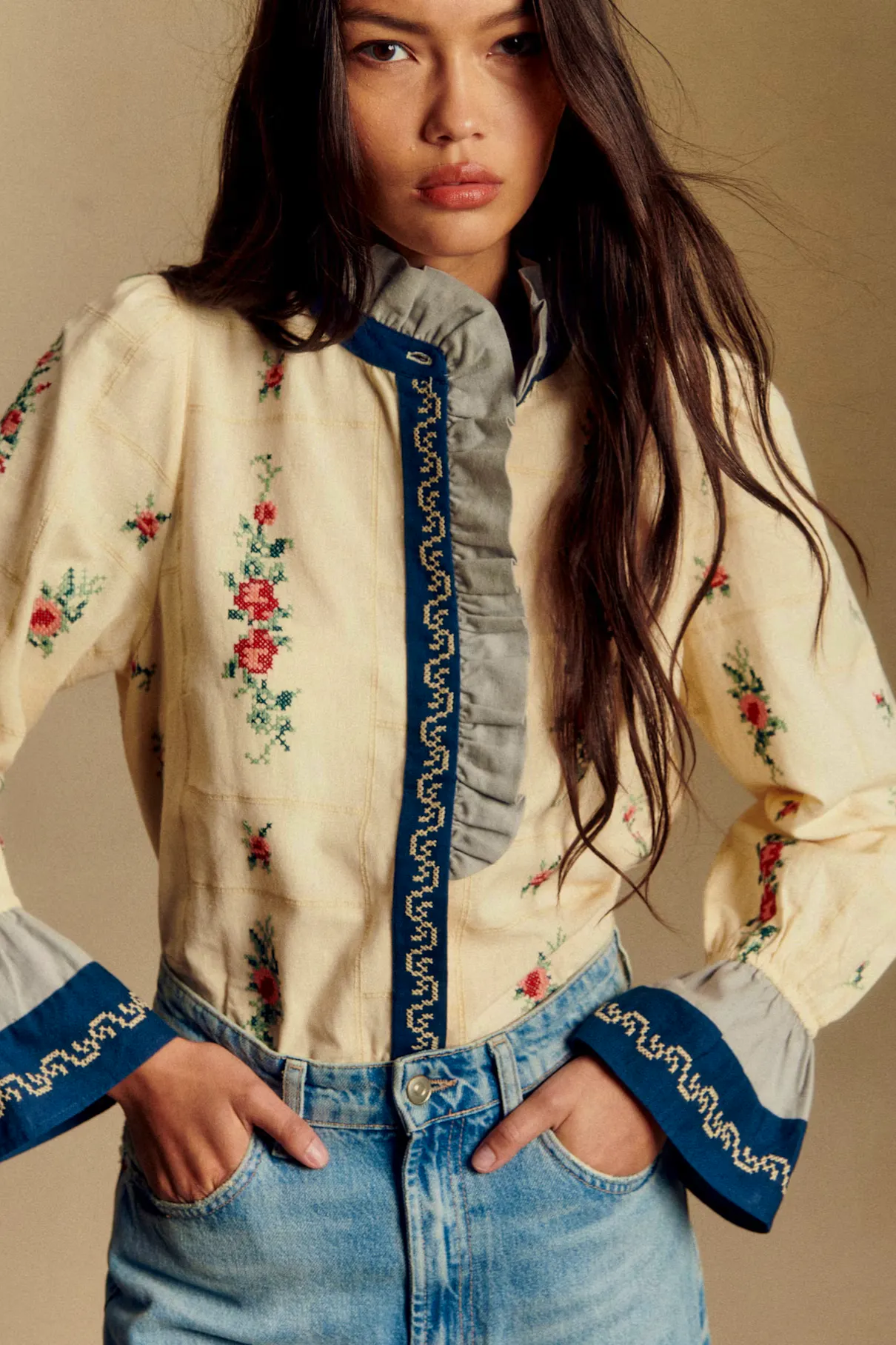 Sézane x Baziszt Ecru with Floral Embroidery & Blue Detailing, £140