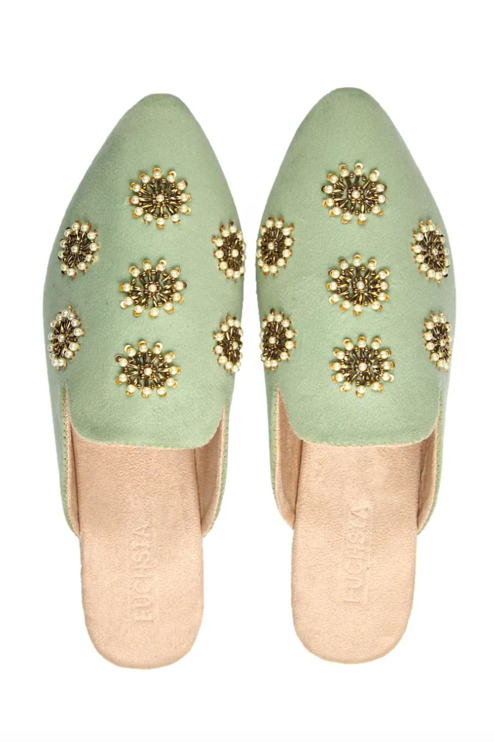 Fuschia Shoes Handmade Pearl Embroidered Luxury Velvet Pointed Toe Mules, £109