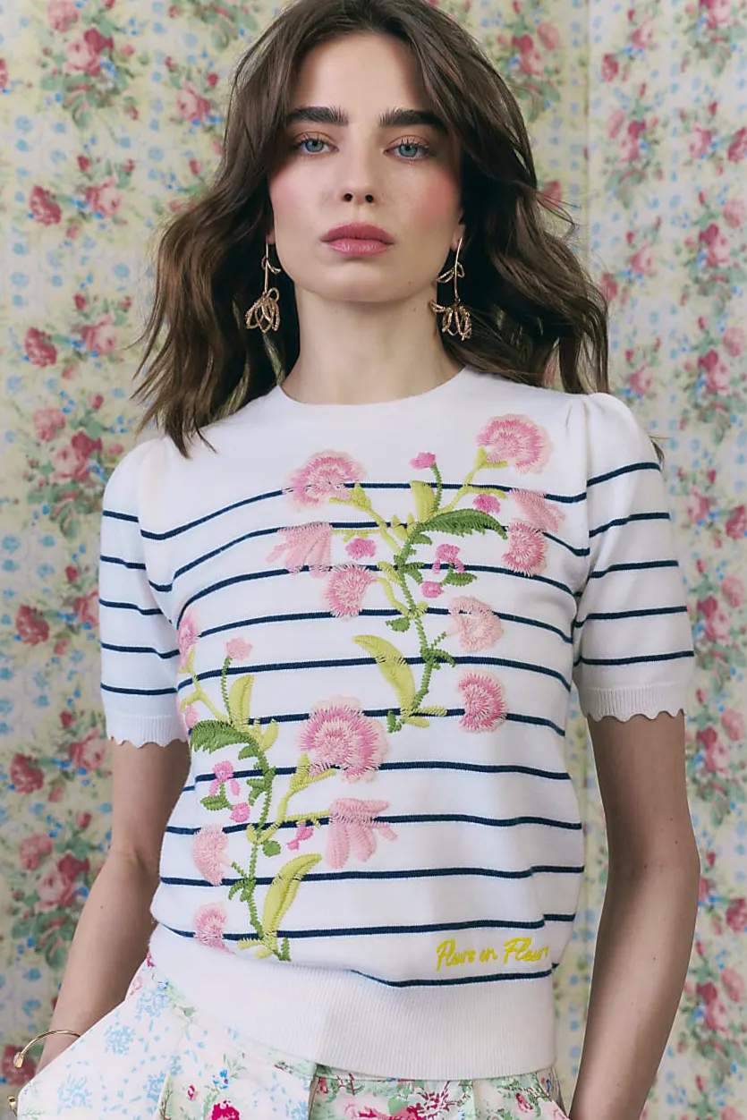Cabbages & Roses X River Island White Stripe Floral Embroidered Knit T-Shirt, £42