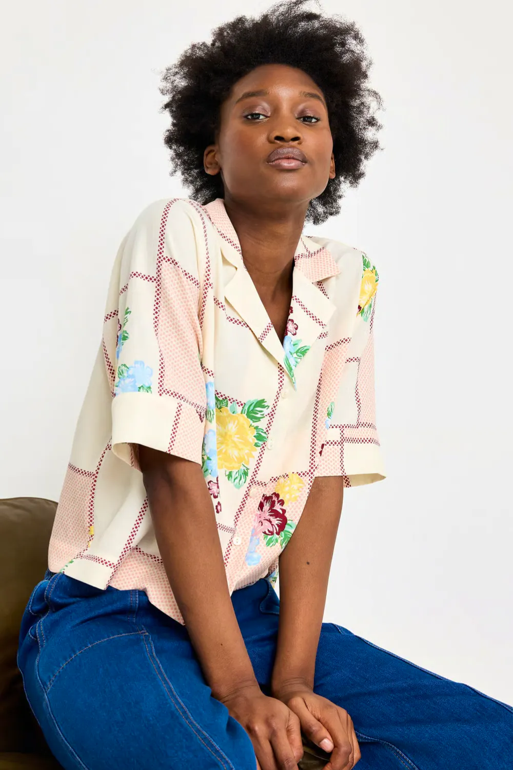 Oliver Bonas Cream Checked Floral Short Sleeve Shirt, £58
