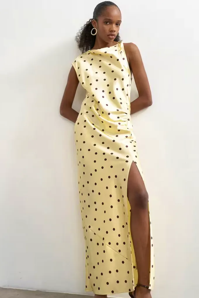 Topshop Yellow Polka-Dot Satin Tie-Shoulder Maxi Dress, £55