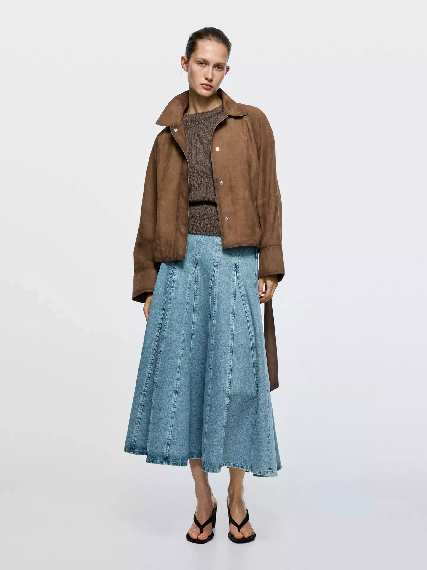 Denim Godet Midi Skirt