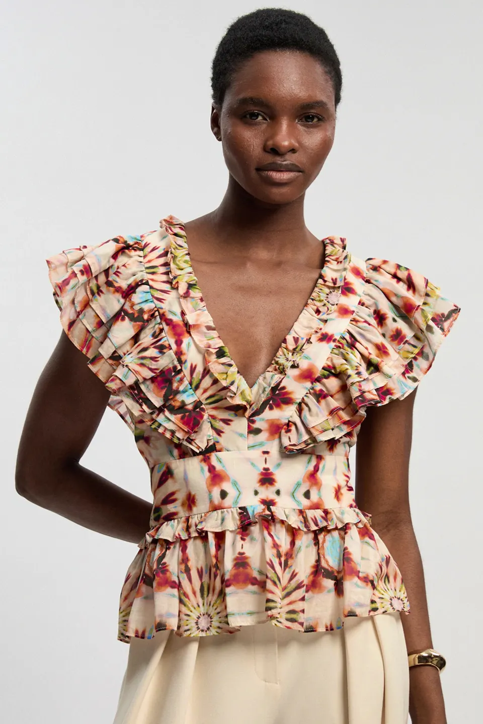 Karen Millen Tile Print Silk Cotton Ruffle Detail Woven Top, £77.35