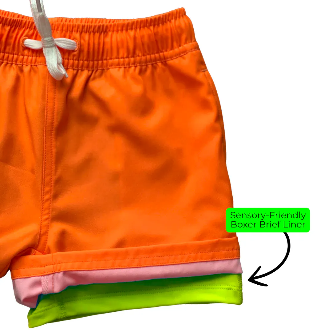 HiViz Kids' Neon Orange Swim Shorts with Boxer Brief Liner £31