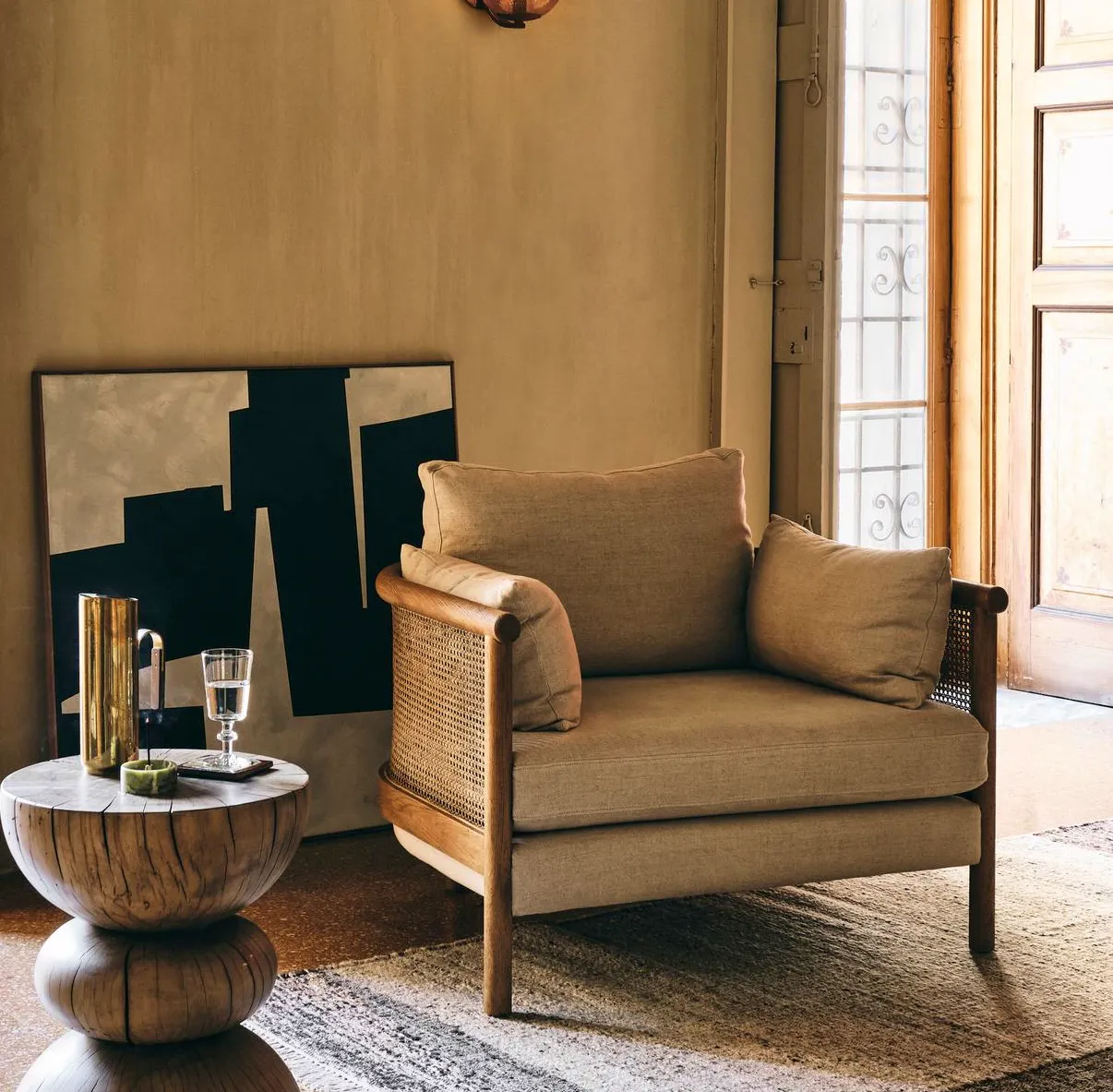 Soho Home - Sydney Cane Armchair, Washed Linen Flax
